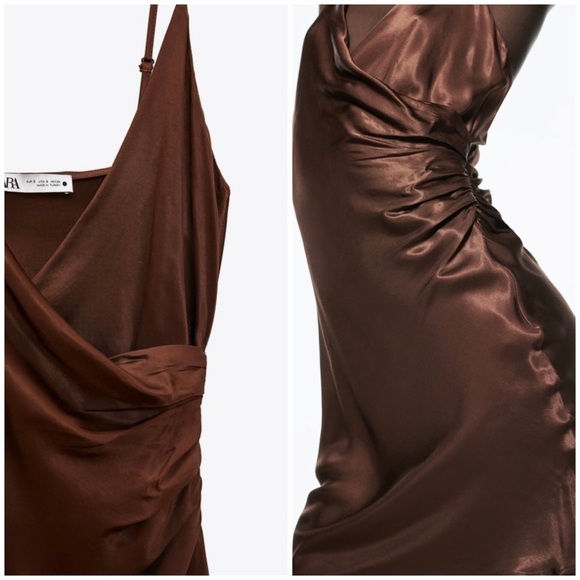 Zara brown satin effect dress with size ruching - Picture 4 of 5